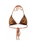 Sedona chocolate brown bikini top with gold embroidery and plaited ties, product photo