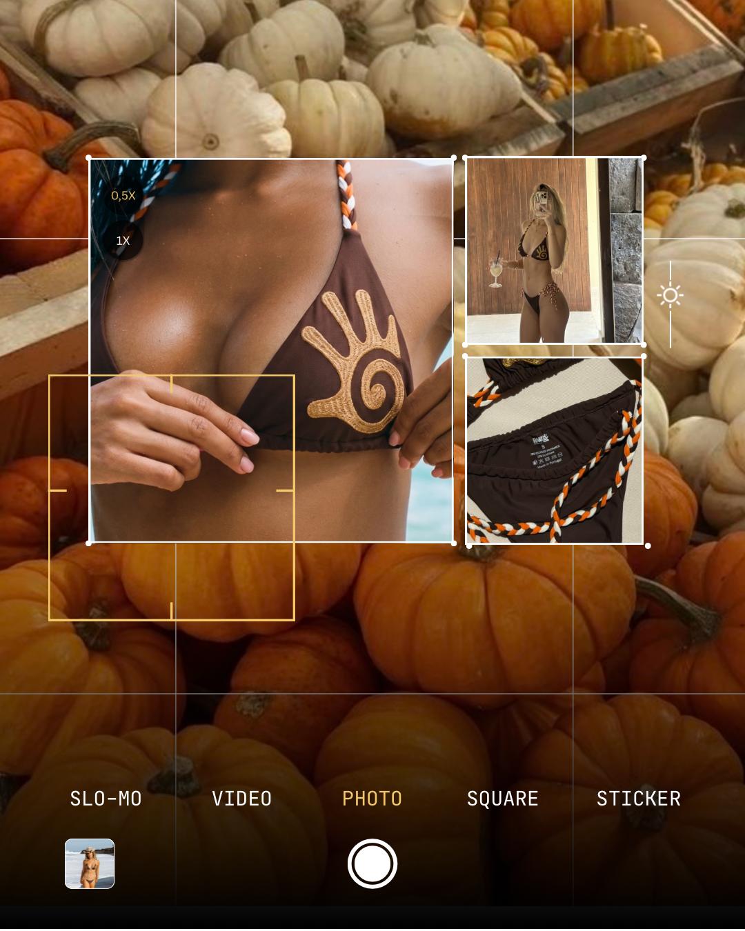Autumn collage featuring the Sedona chocolate brown bikini with gold embroidery and plaited ties, set against pumpkins