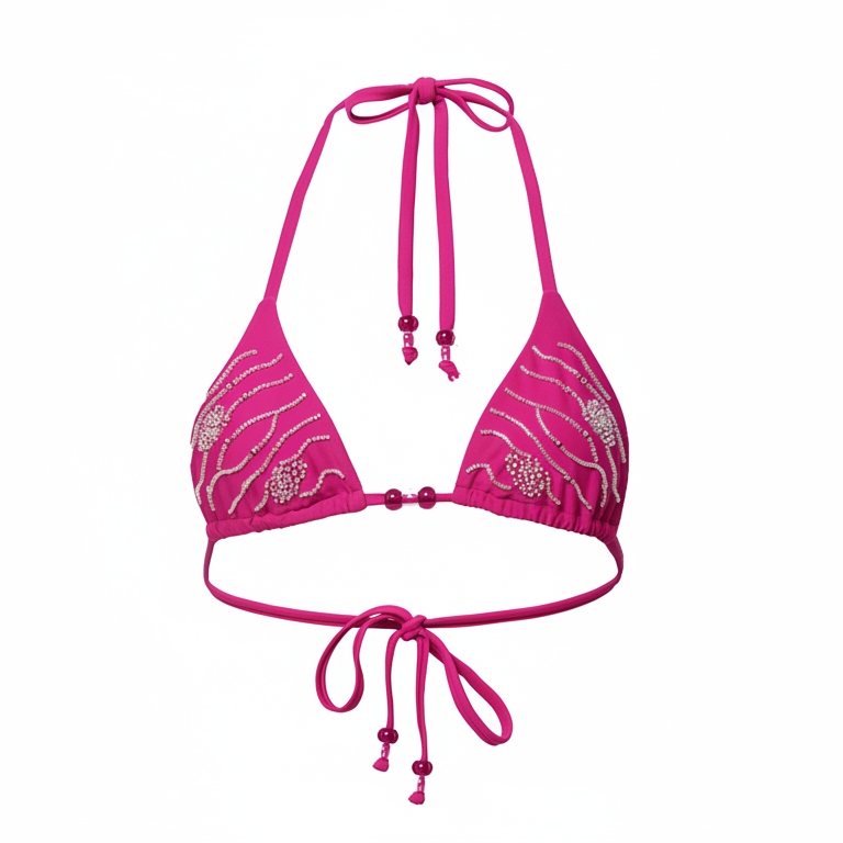 Pink bikini top with floral patterns on a white background