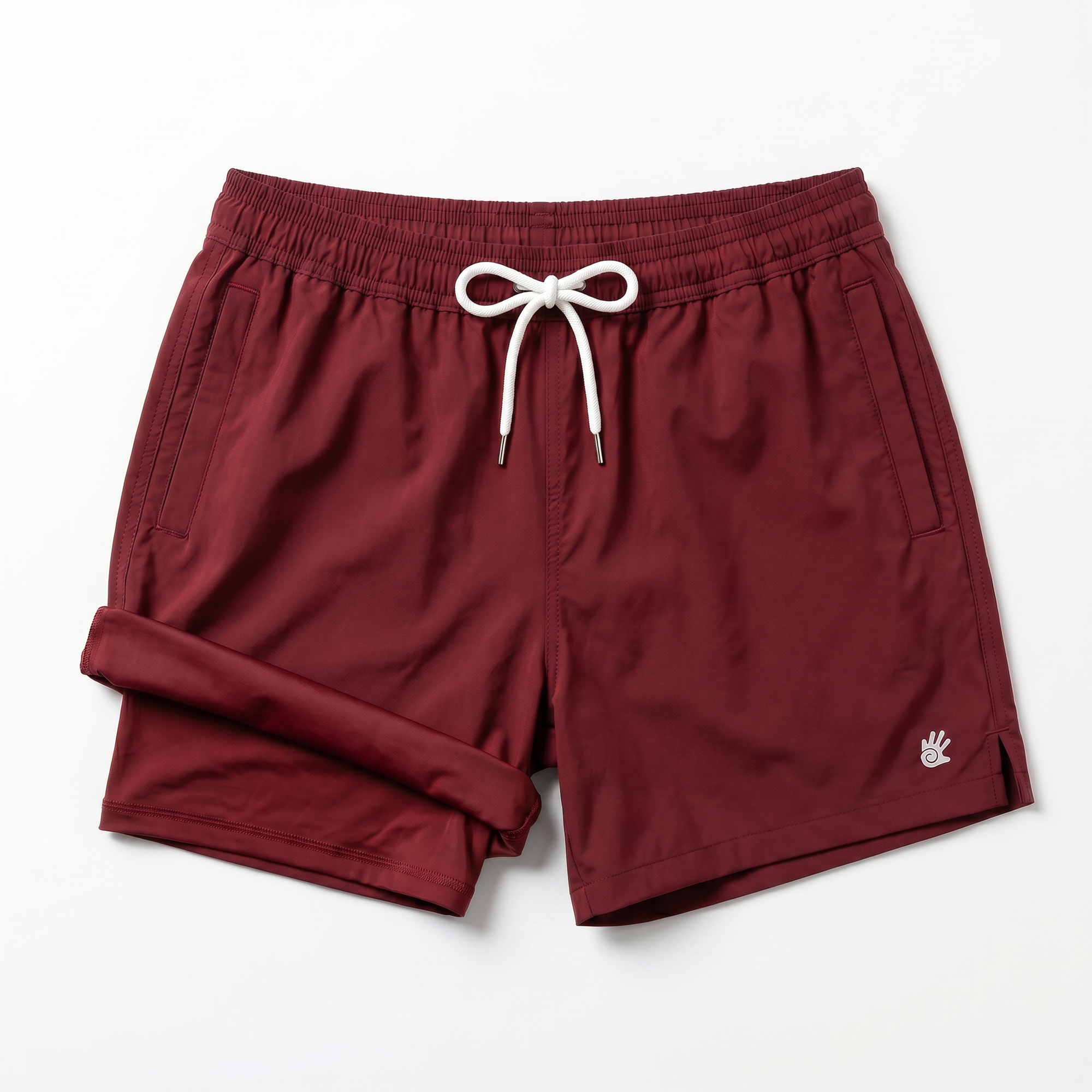 Burgundy sustainable swim shorts with a white drawstring on a white background