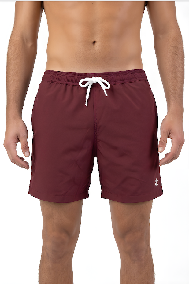 Burgundy sustainable swim shorts with a white drawstring on a white background 