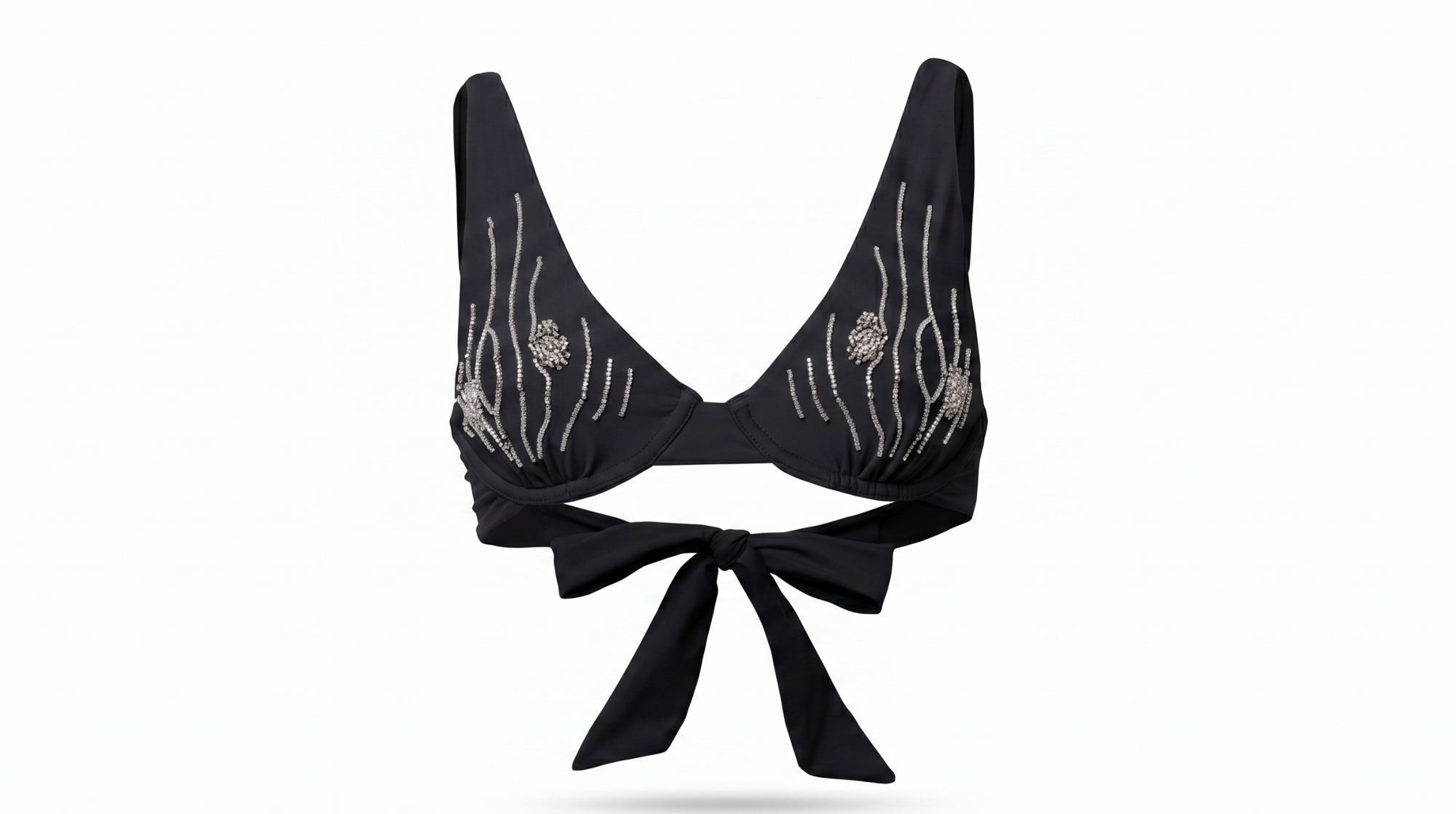 Black bikini top with glass beading elements on a white background