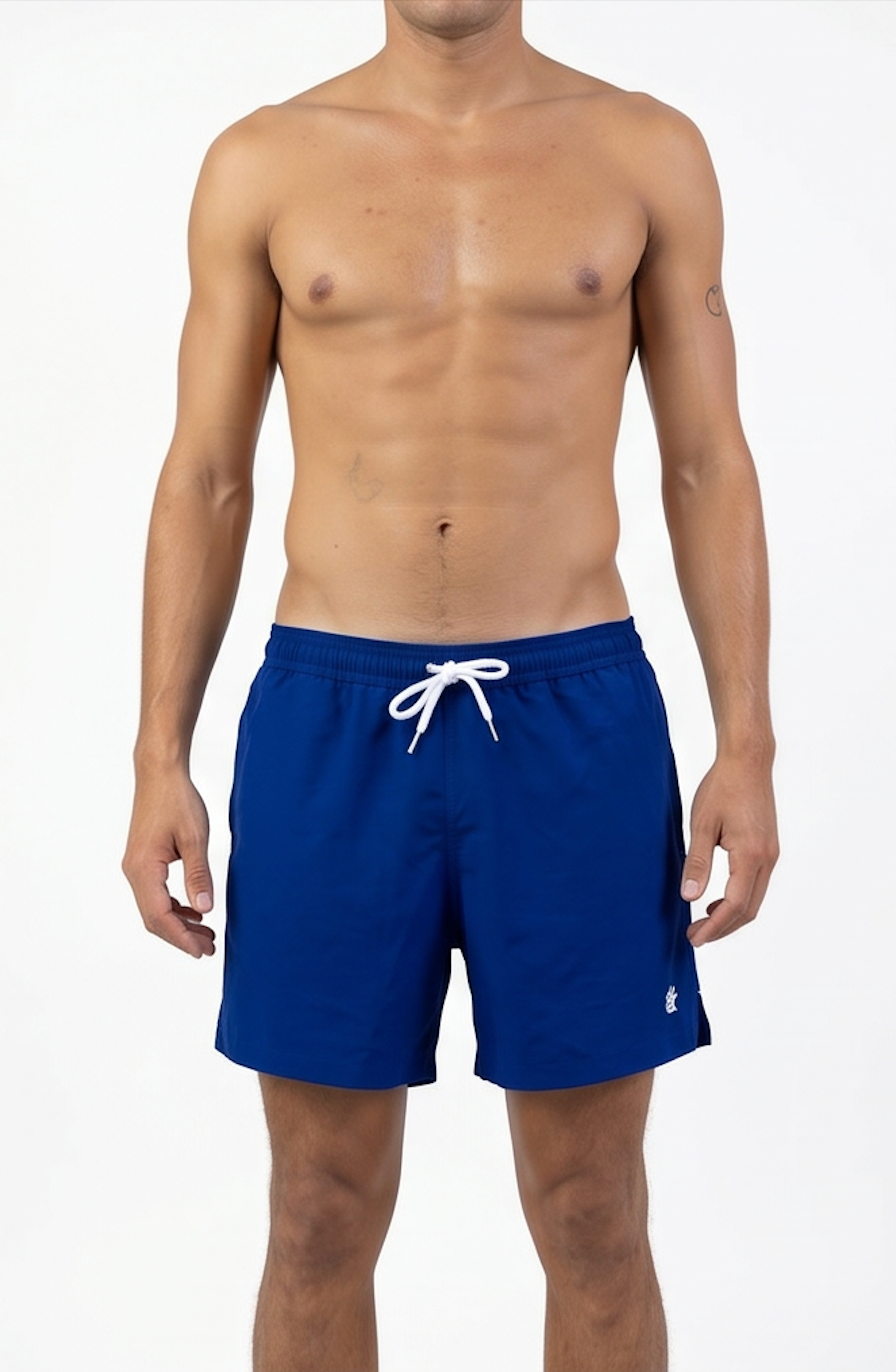 Man wearing blue swim shorts with a white drawstring. Image photographed  on a white background