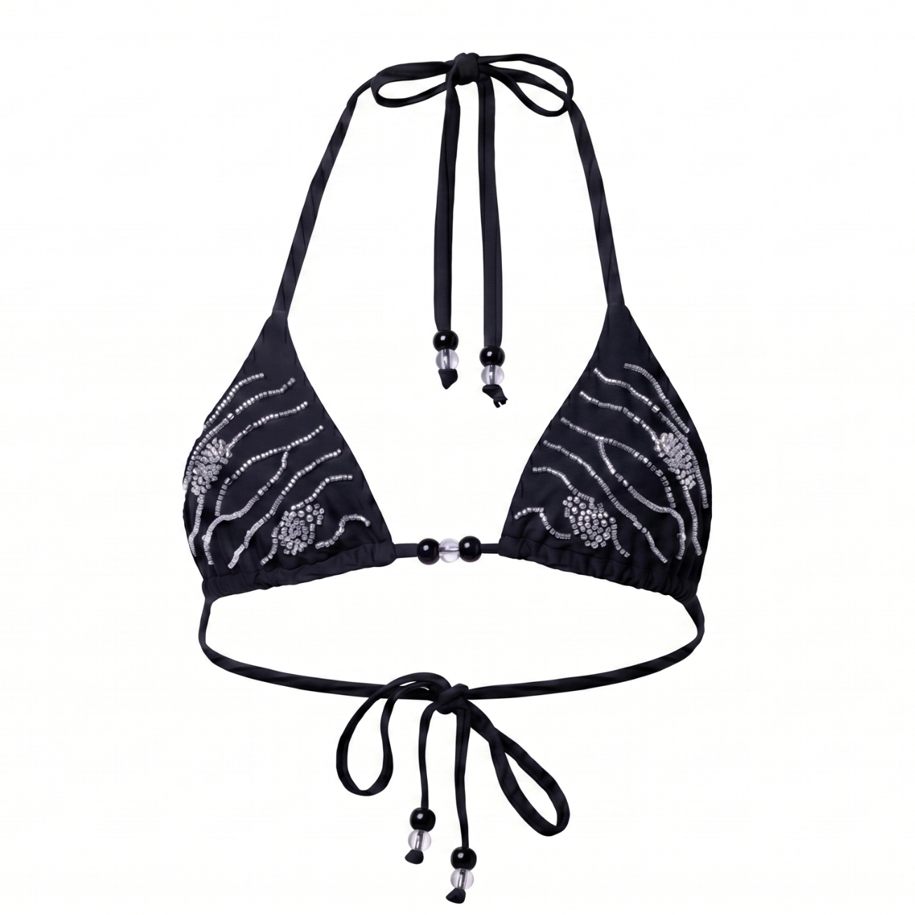 Black bikini top with floral patterns on a white background