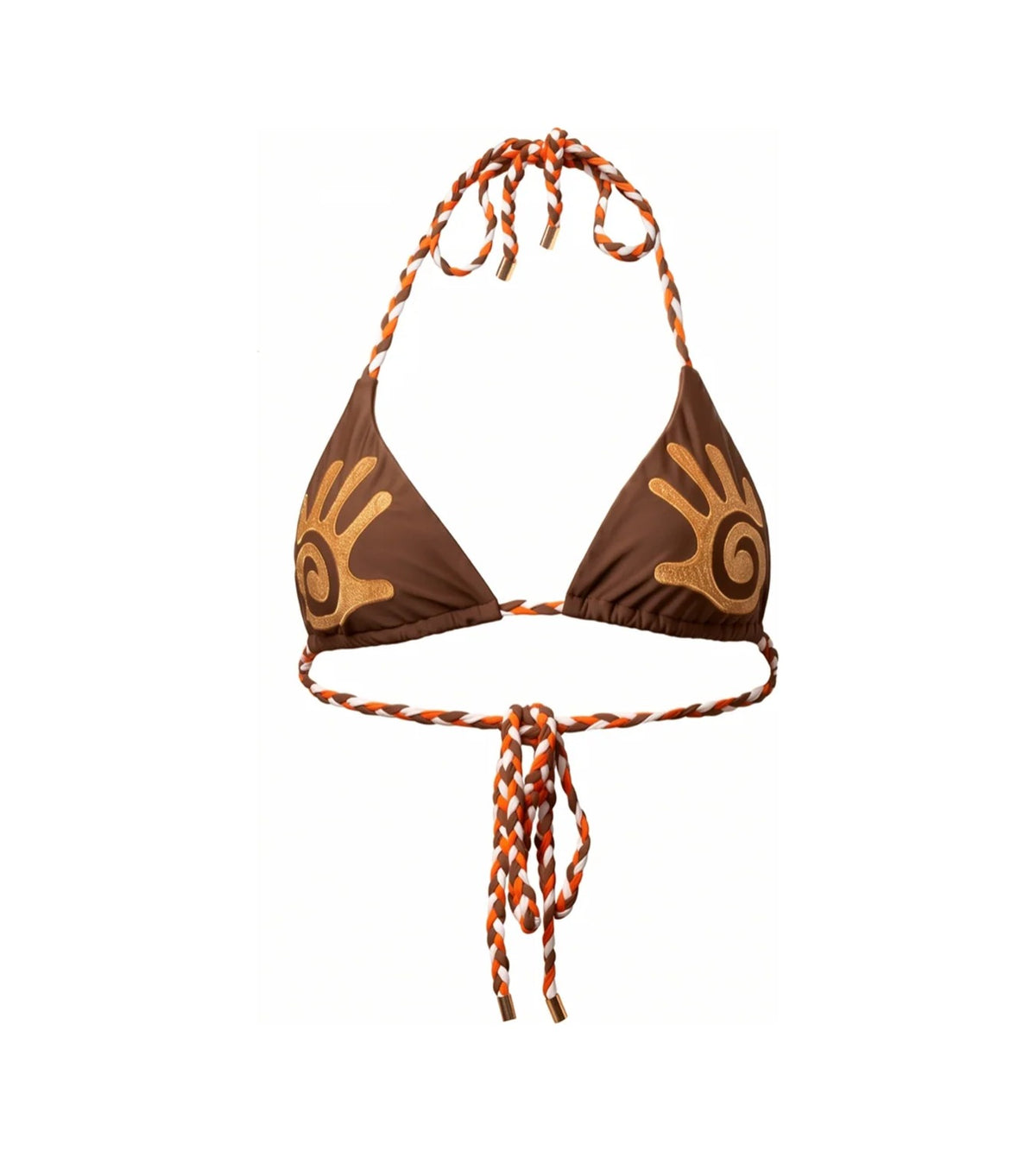 Sedona chocolate brown bikini top with gold embroidery and plaited ties, product photo
