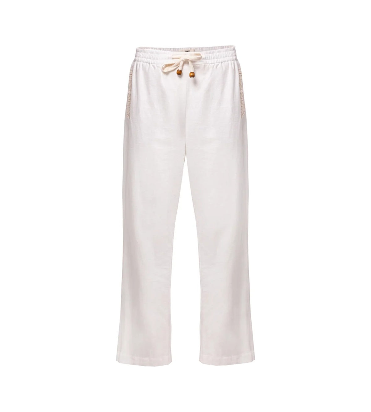 Teria white organic cotton trousers with crochet pocket detail, product photo