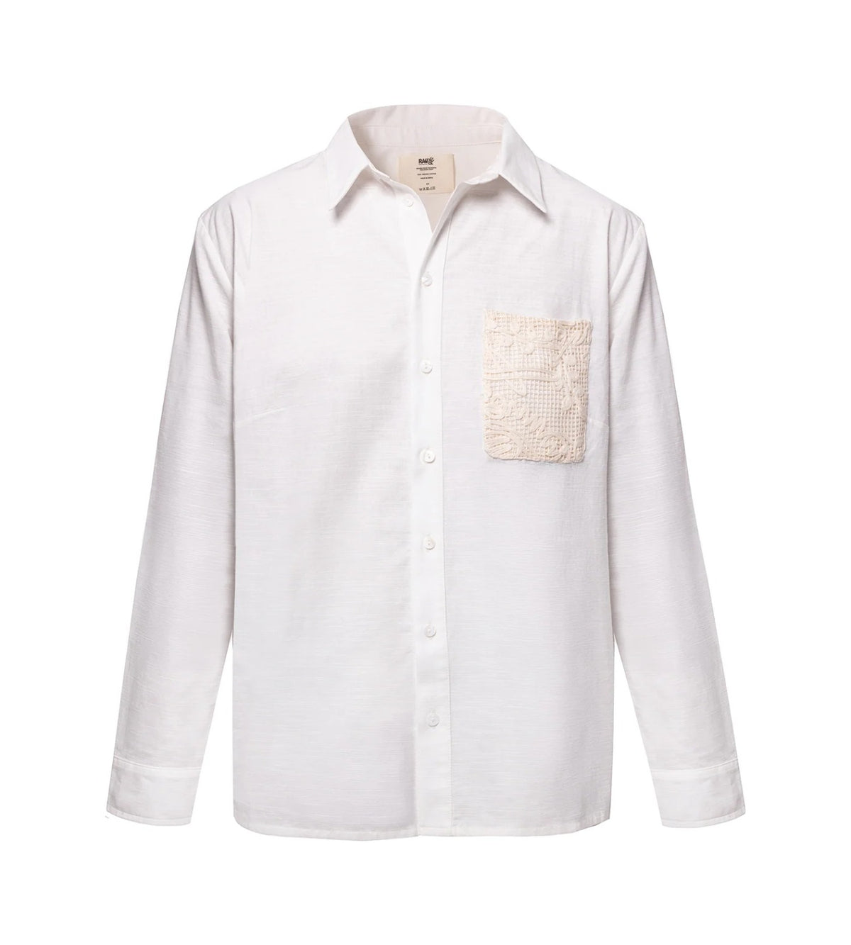 Teria white unisex organic cotton shirt with crochet pocket, product photo