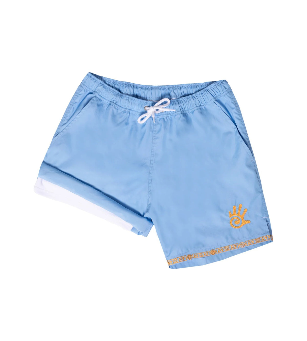 Cheveyo sea blue men's swim shorts with orange embroidery, product photo