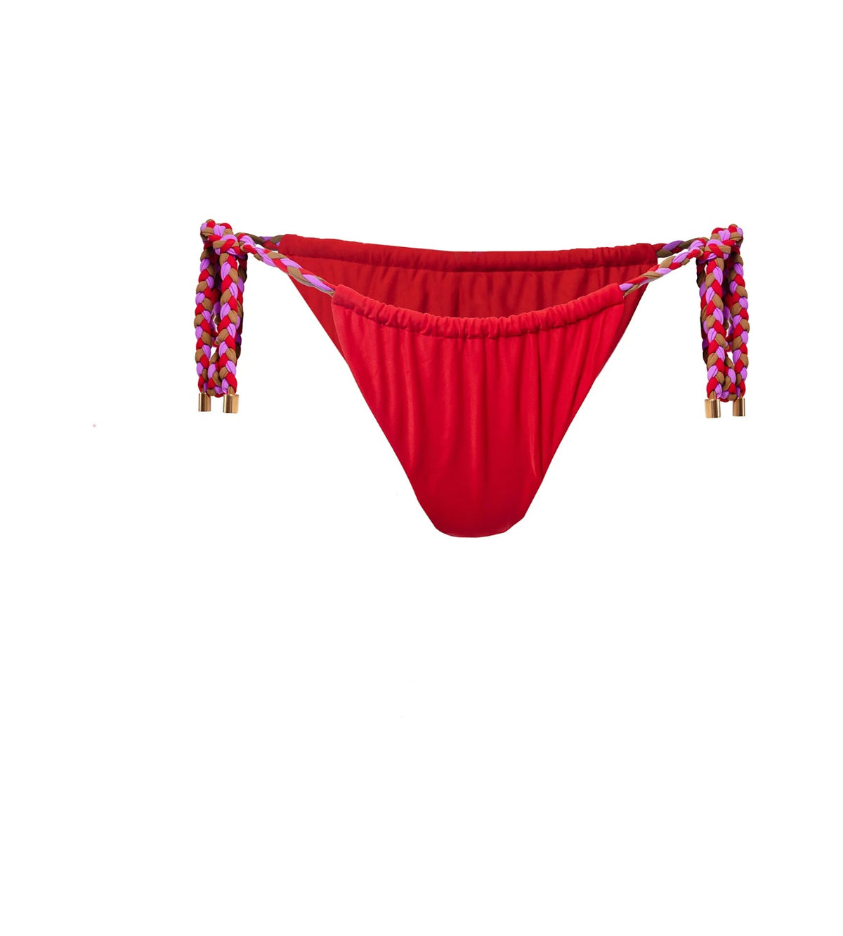 Sedona red ruched bikini bottoms with plaited side ties, product photo