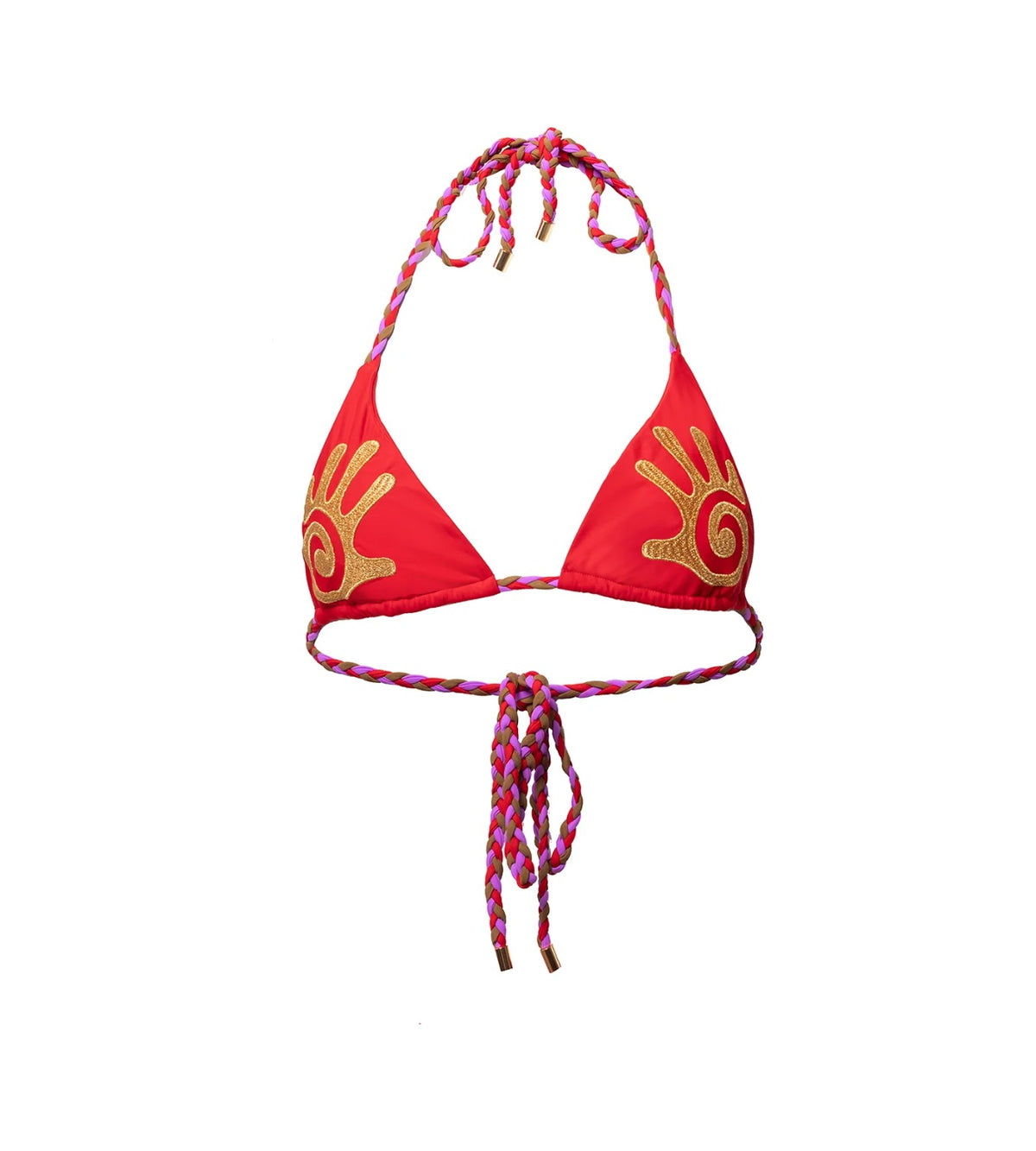 Sedona red bikini top with gold embroidery, product photo